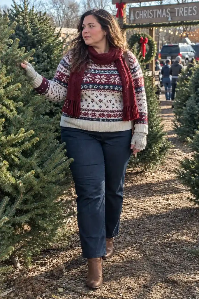 Fair Isle sweater with dark jeans