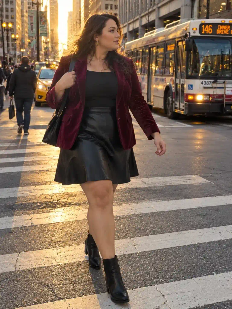 Faux leather skirt with a velvet blazer