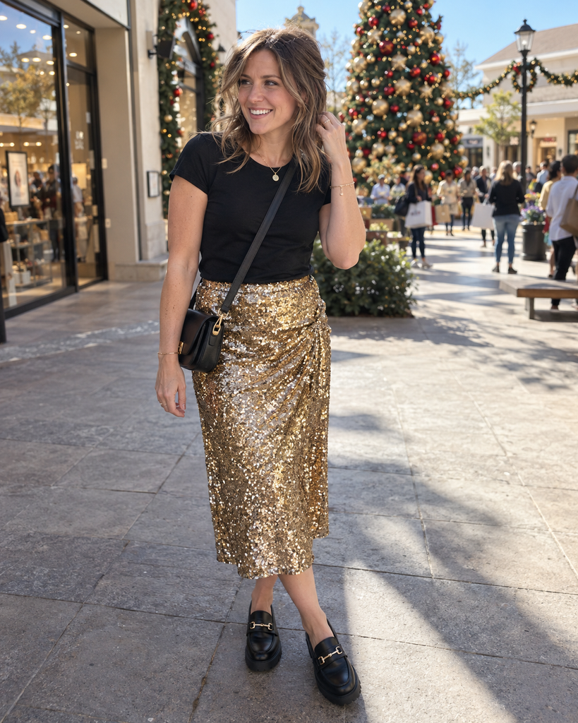 Gold sequin midi with a plain black tee
