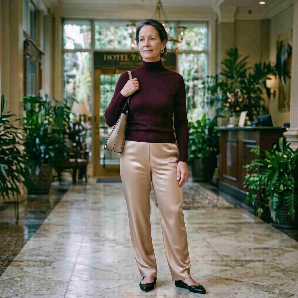 Fine-knit turtleneck with satin trousers