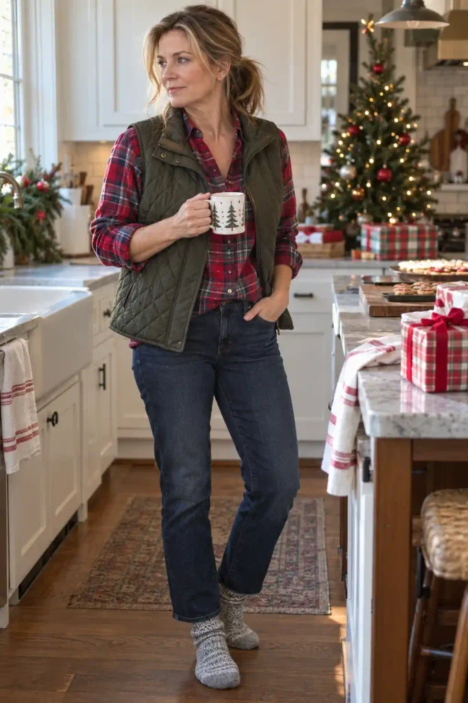 Flannel shirt under a chunky vest