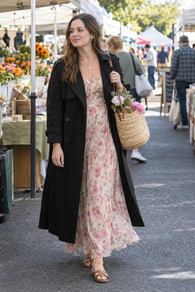 Floral maxi with a black trench