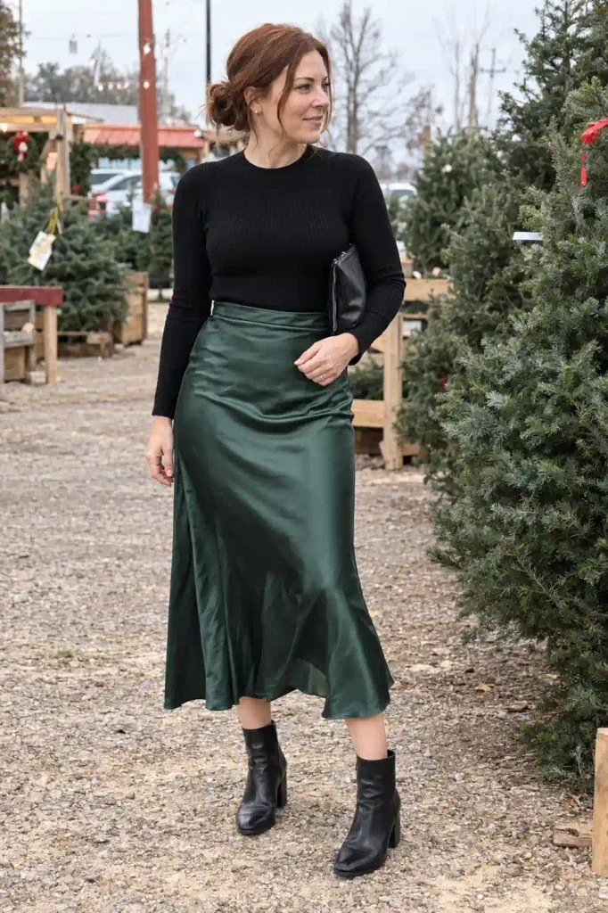 Forest green satin midi