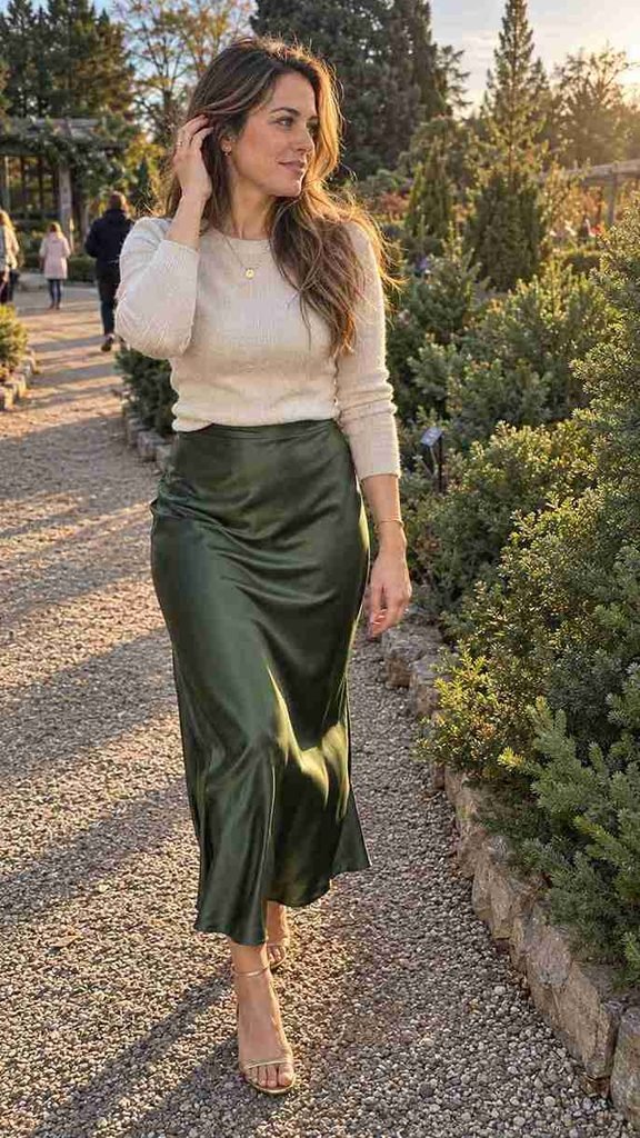 Forest green satin skirt