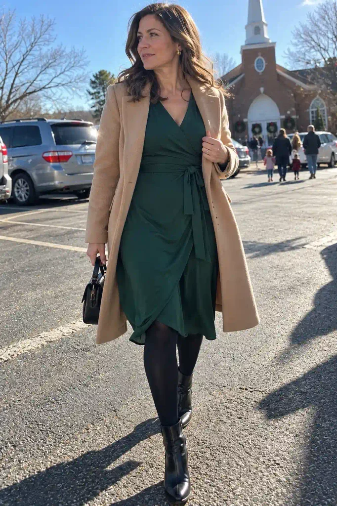 Forest green wrap dress with ankle boots