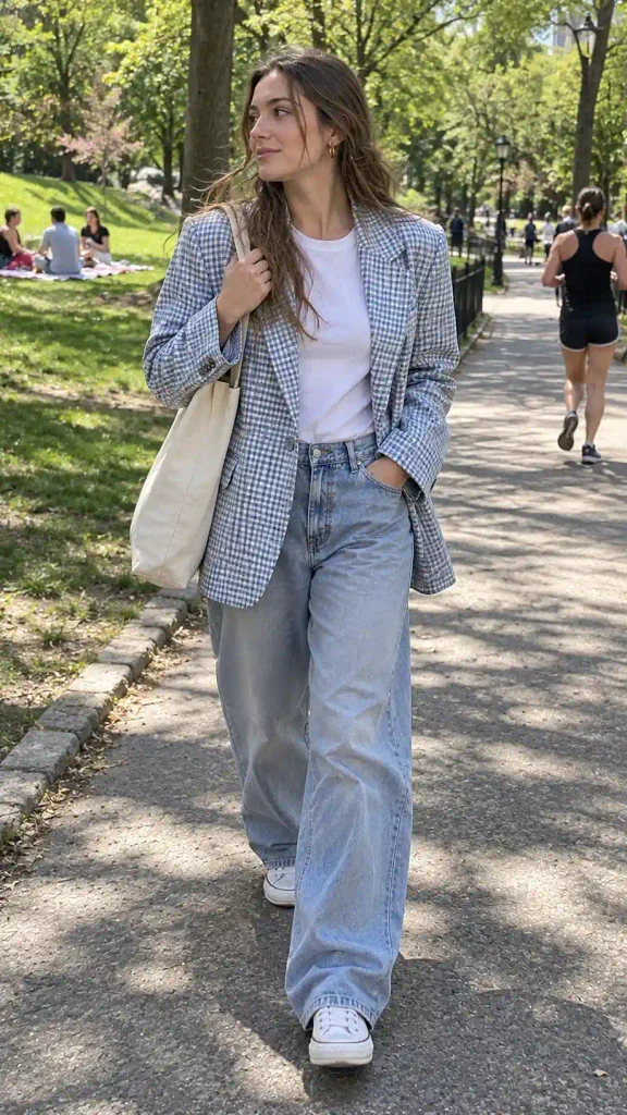 Gingham blazer with baggy light-wash jeans