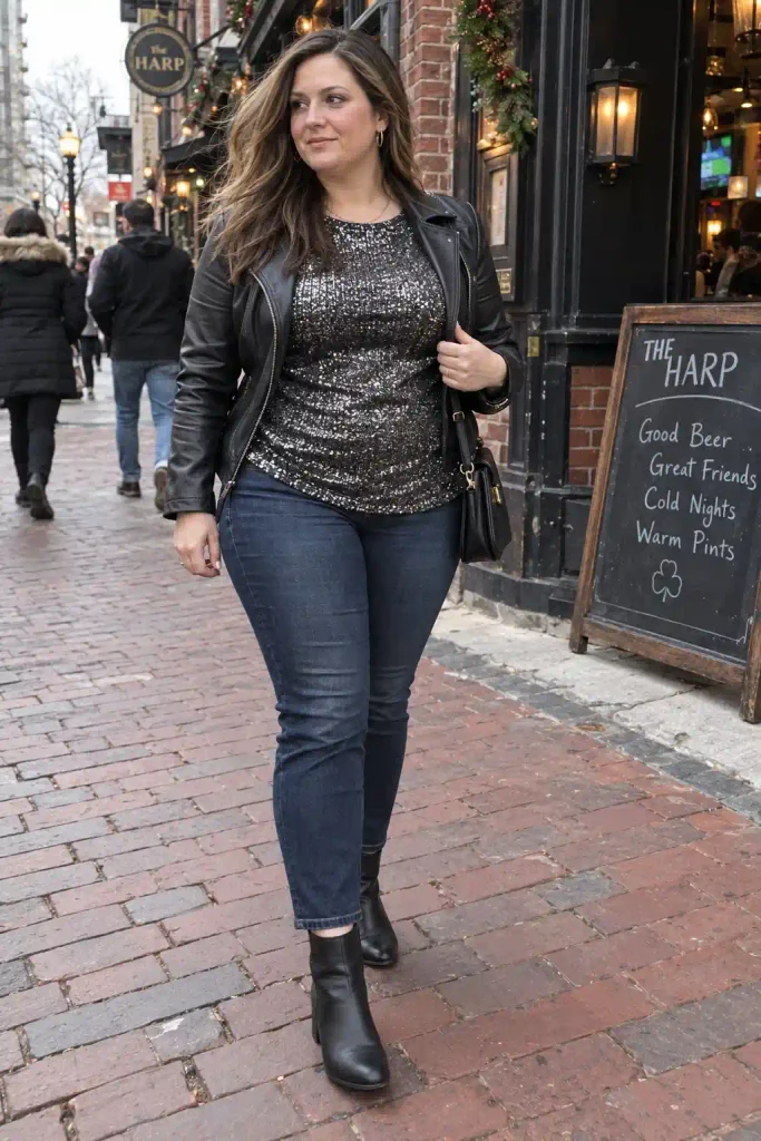 Glitter top with dark jeans