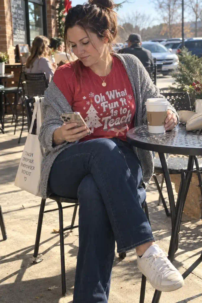 Graphic holiday tee under a cardigan