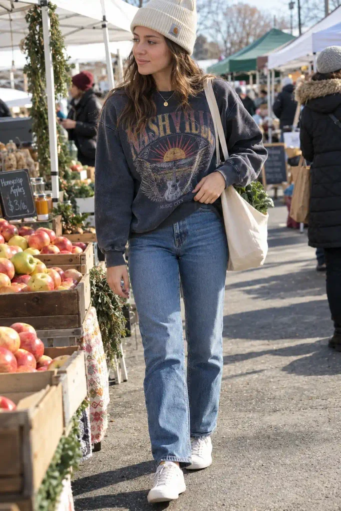 Graphic sweatshirt with plain jeans