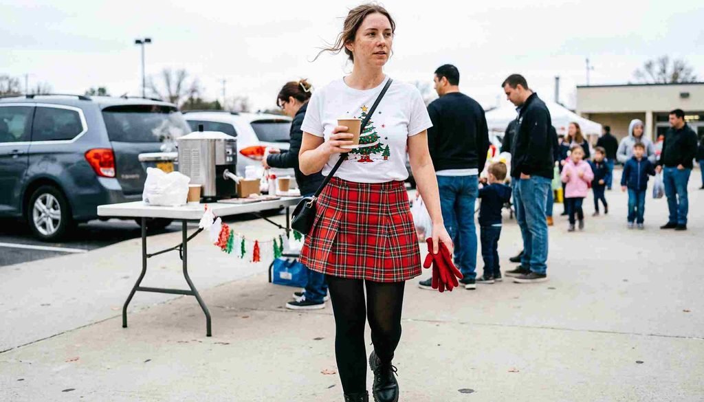 Graphic tee with a plaid skirt