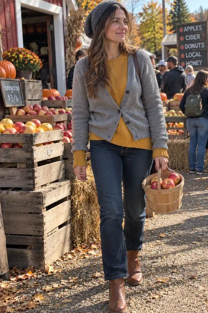 Gray cardigan with a mustard sweater
