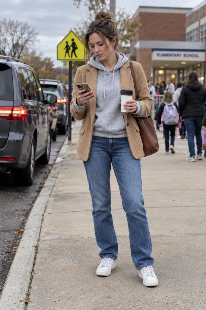 Gray hoodie under the blazer