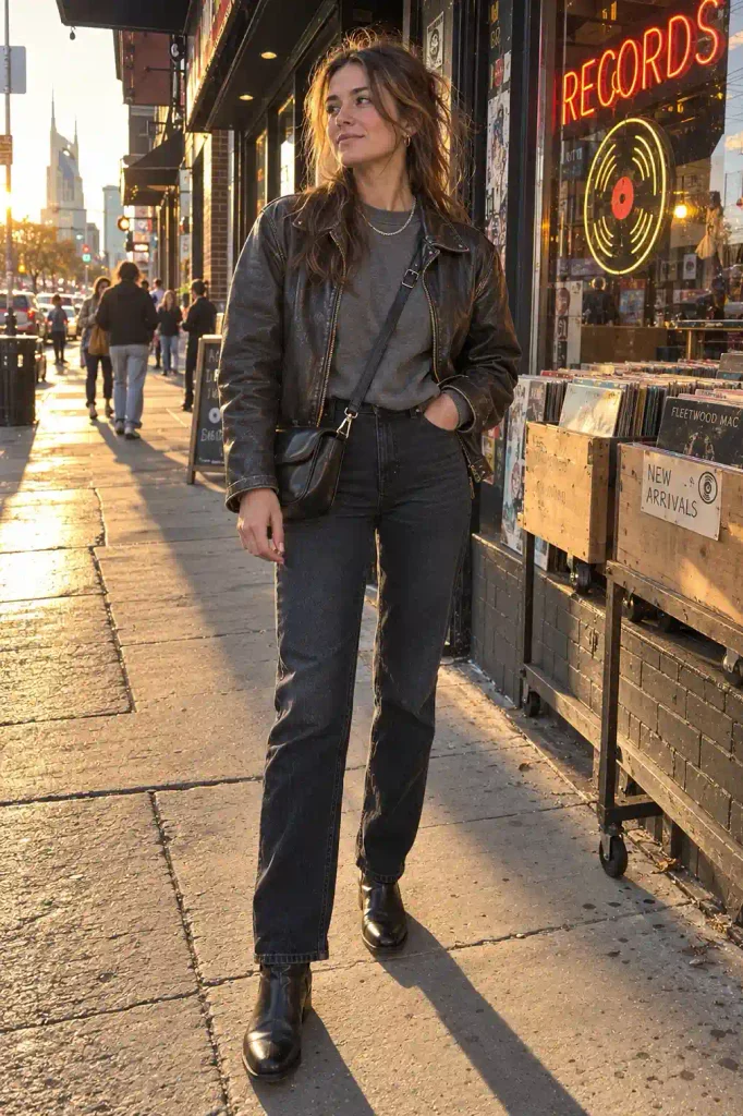 Gray sweatshirt with a leather jacket