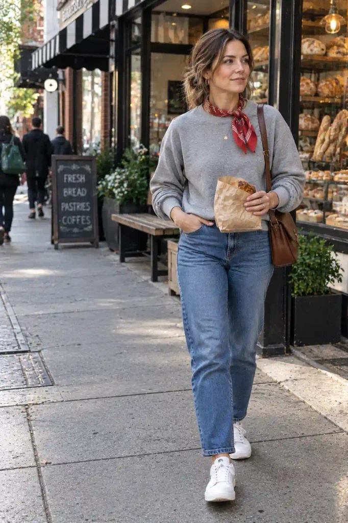 Gray sweatshirt with jewelry and a silk scarf