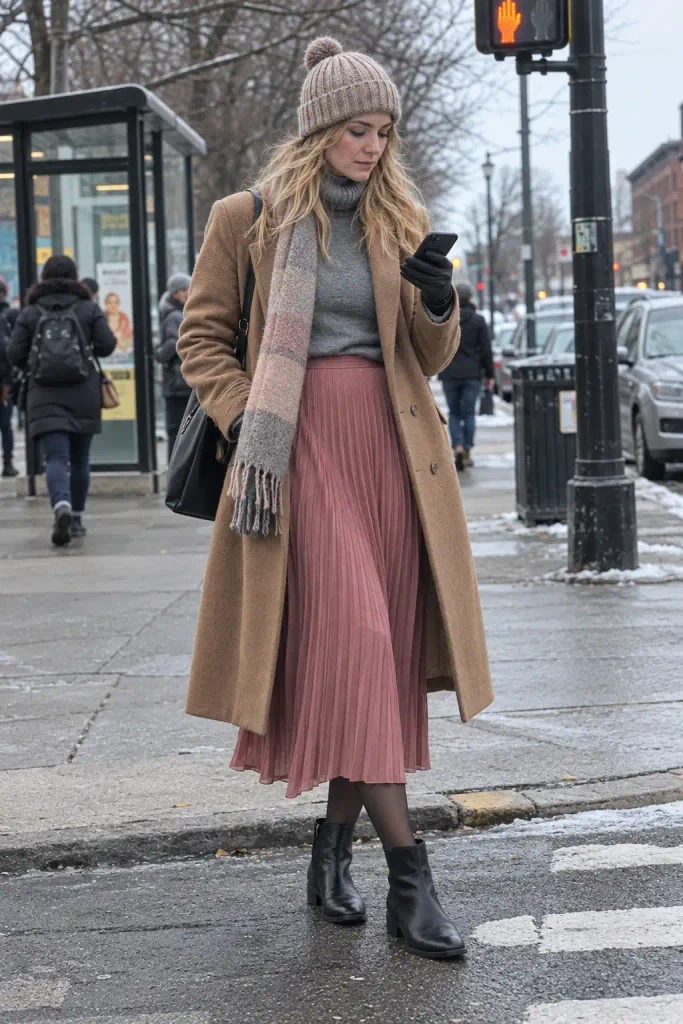 Gray turtleneck and long coat