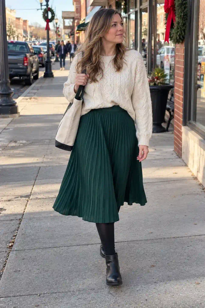 Green midi skirt with a cream knit
