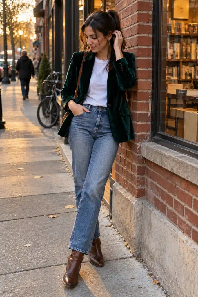 Green velvet blazer over a white tee