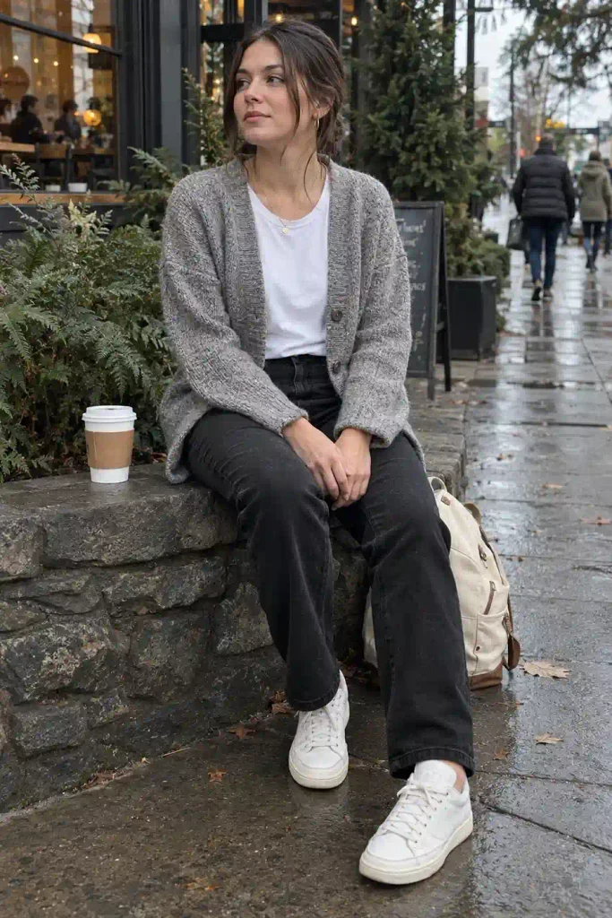 Grey cardigan with black jeans
