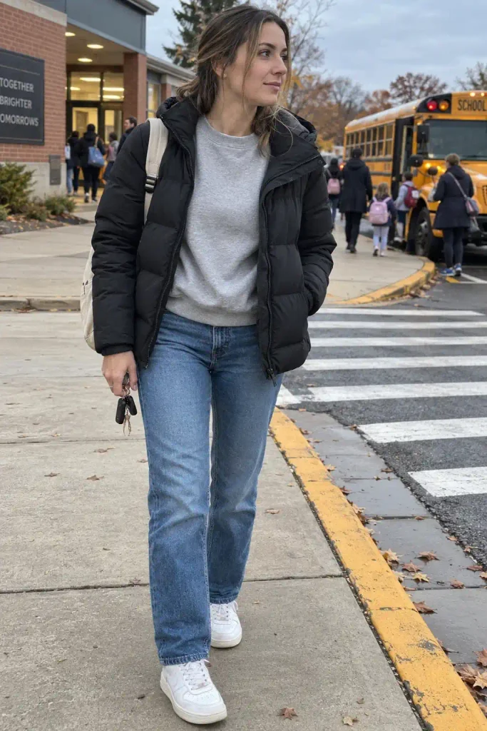 Grey crewneck with straight-leg blue jeans