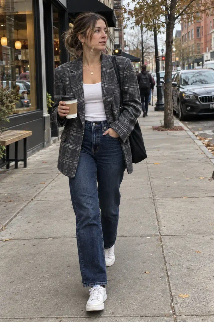 Grey plaid oversized blazer over white tank with dark straight jeans