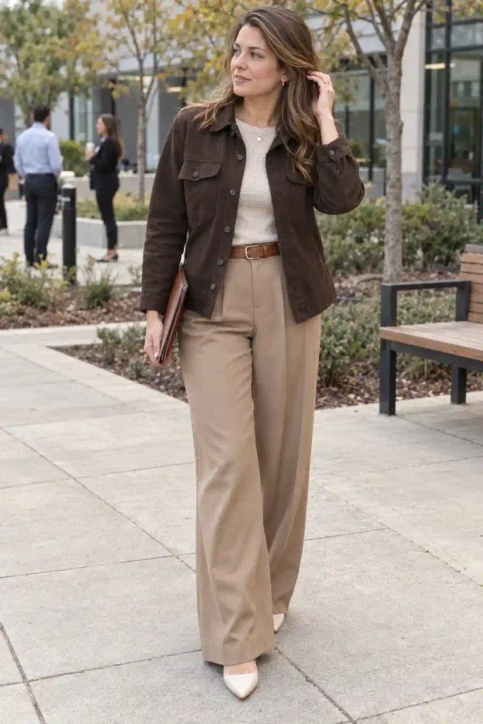  Chocolate twill shacket with oatmeal knit and tan wide-leg trousers