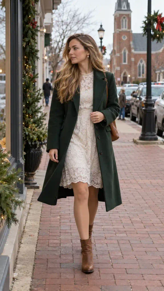 Ivory lace dress with a green coat