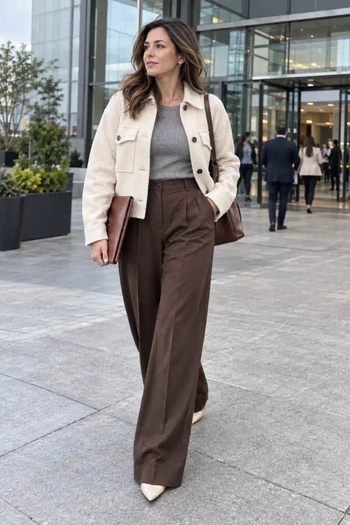 Ivory shacket with grey shell and chocolate wide-leg trousers