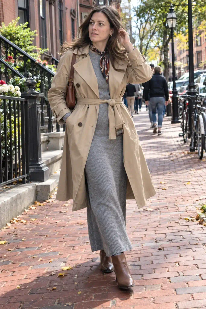 Knit maxi with a belted trench