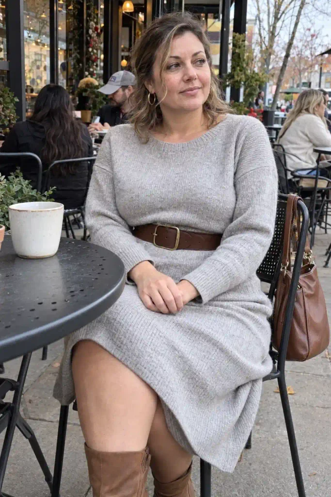 Knit sweater dress with a belt