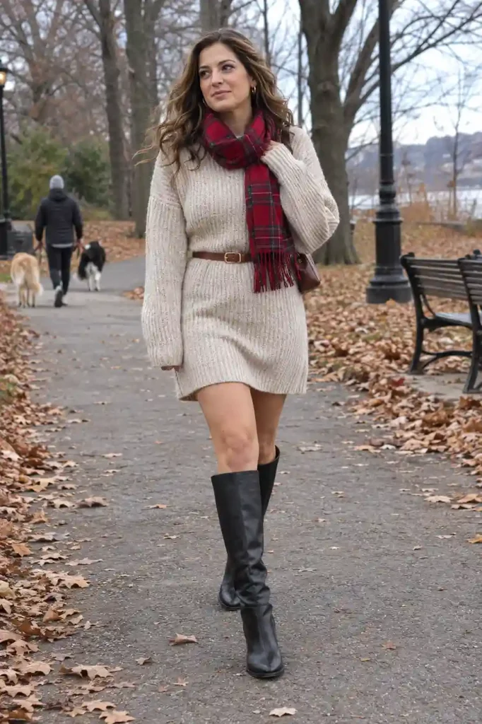 Knit sweater dress with tall boots