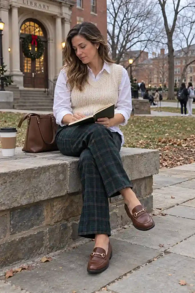 Knit vest over a collared shirt