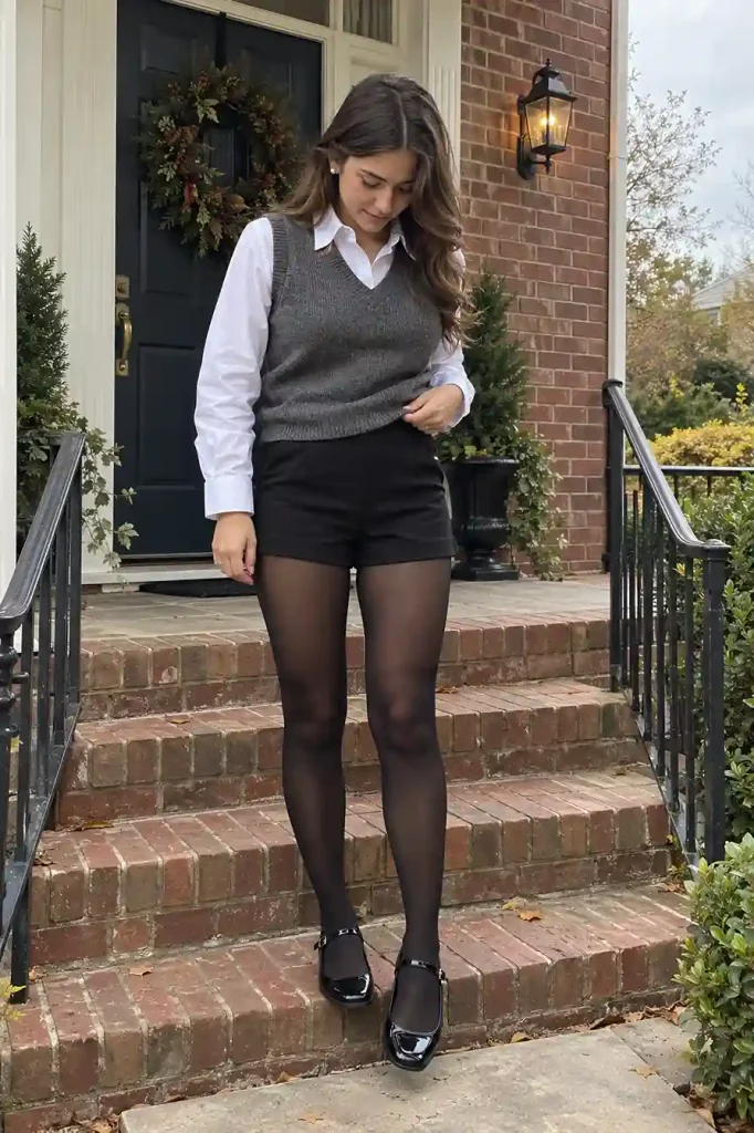Knit vest over a collared shirt with