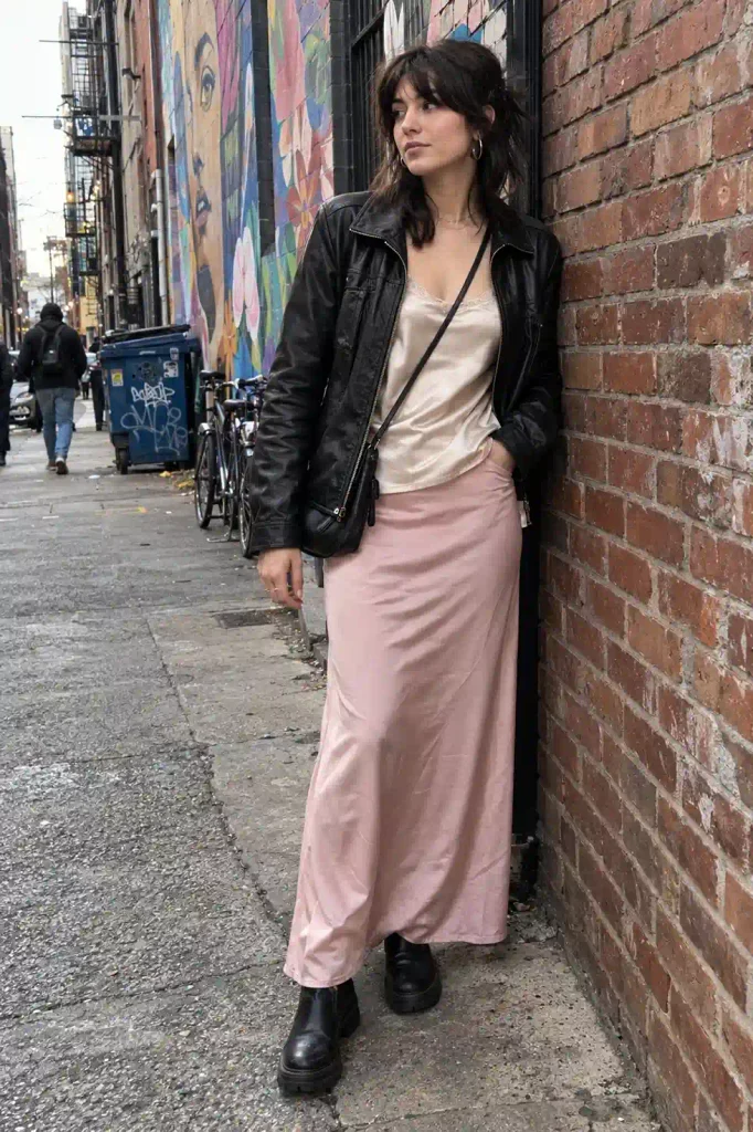 Leather jacket over a camisole