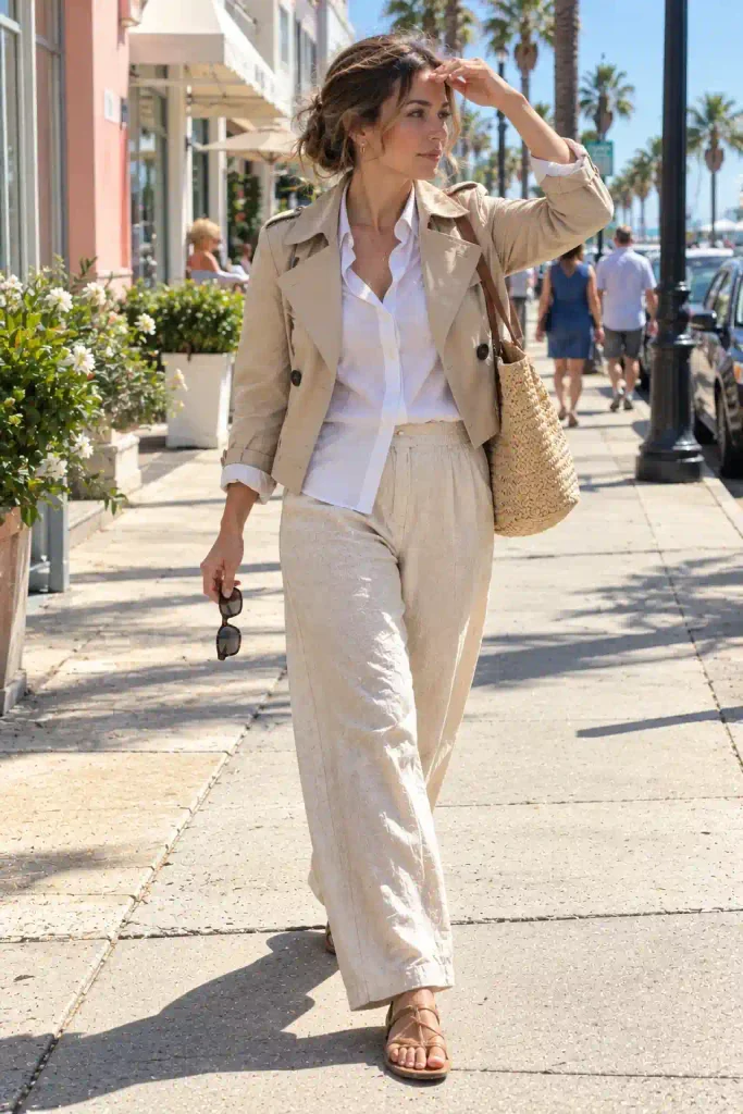 Linen trousers and a white shirt