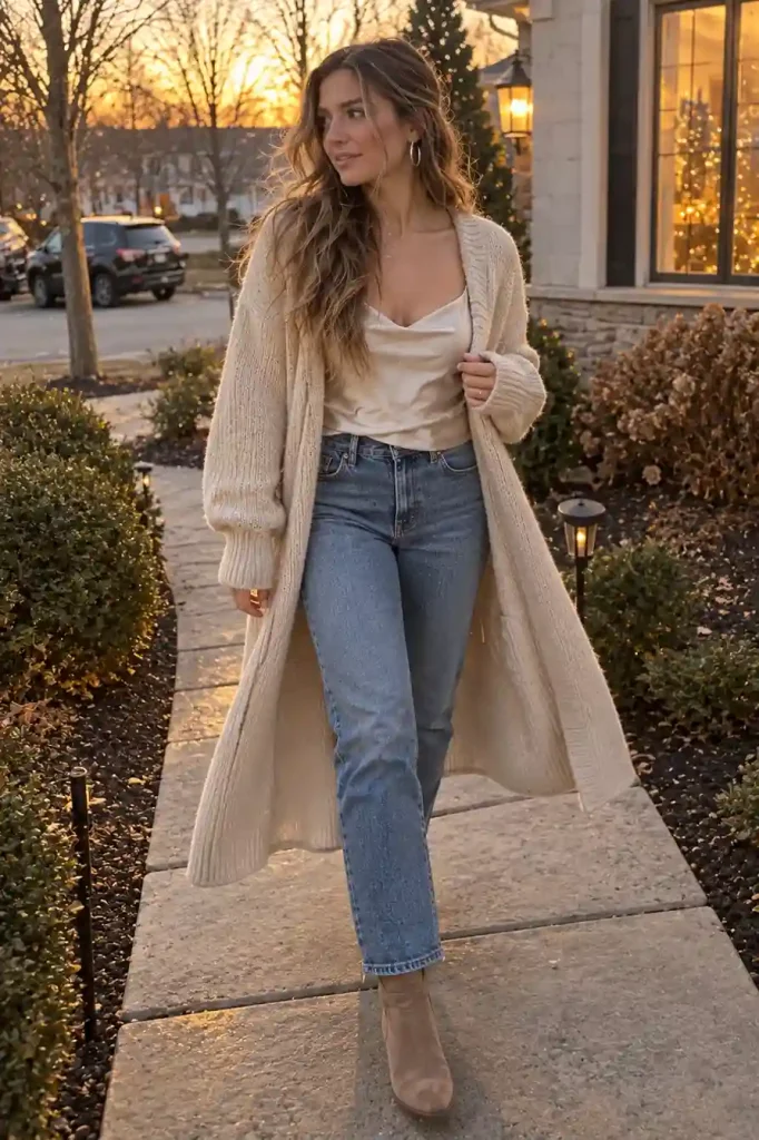 Long cardigan coat over a slip and
