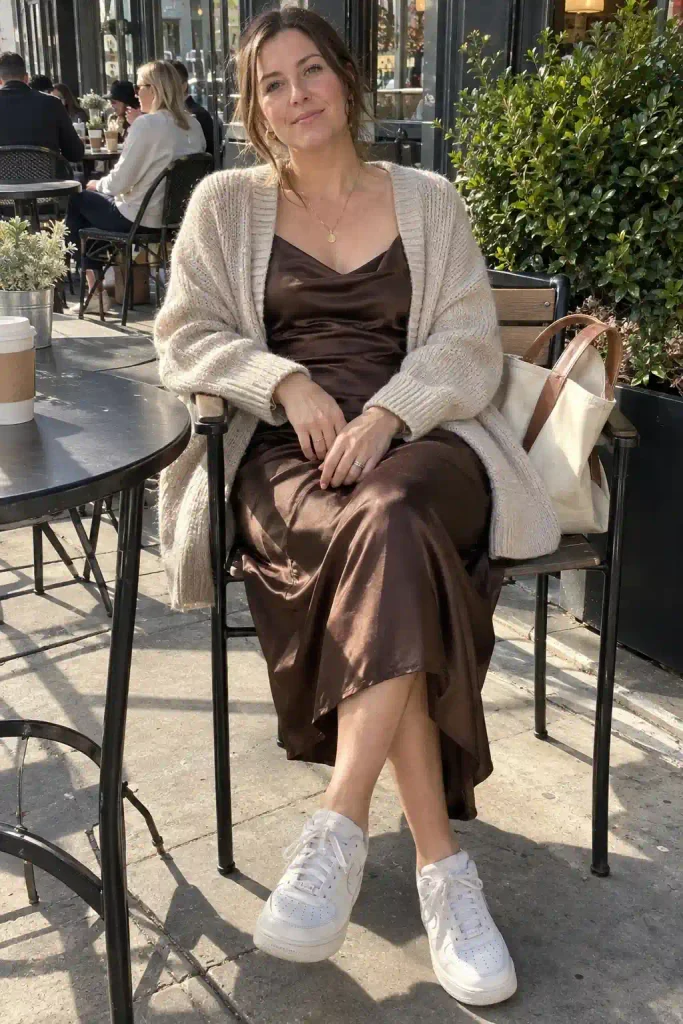 Long cardigan over a slip dress