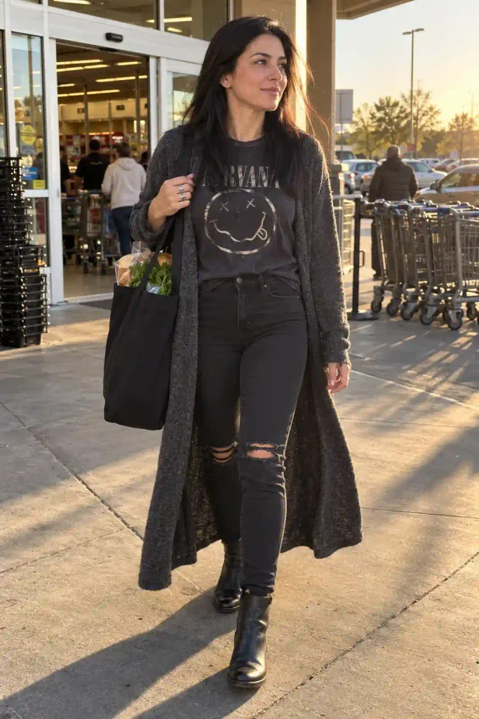 Long duster cardigan with skinny black rips