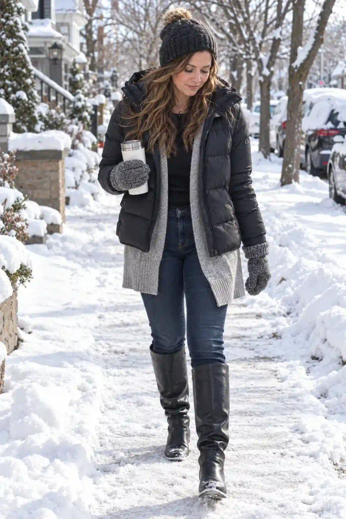 Long gray cardigan with a black