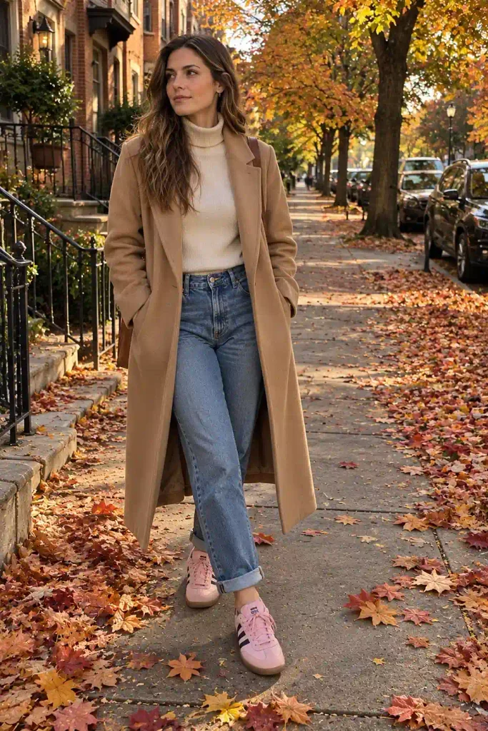 Long wool coat over jeans