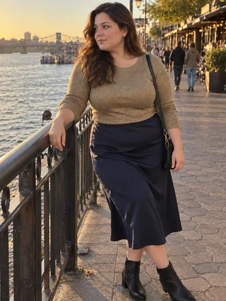 Metallic knit top with a dark skirt