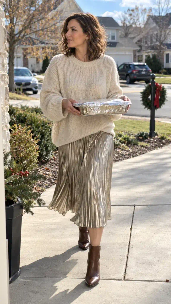 Metallic pleated midi