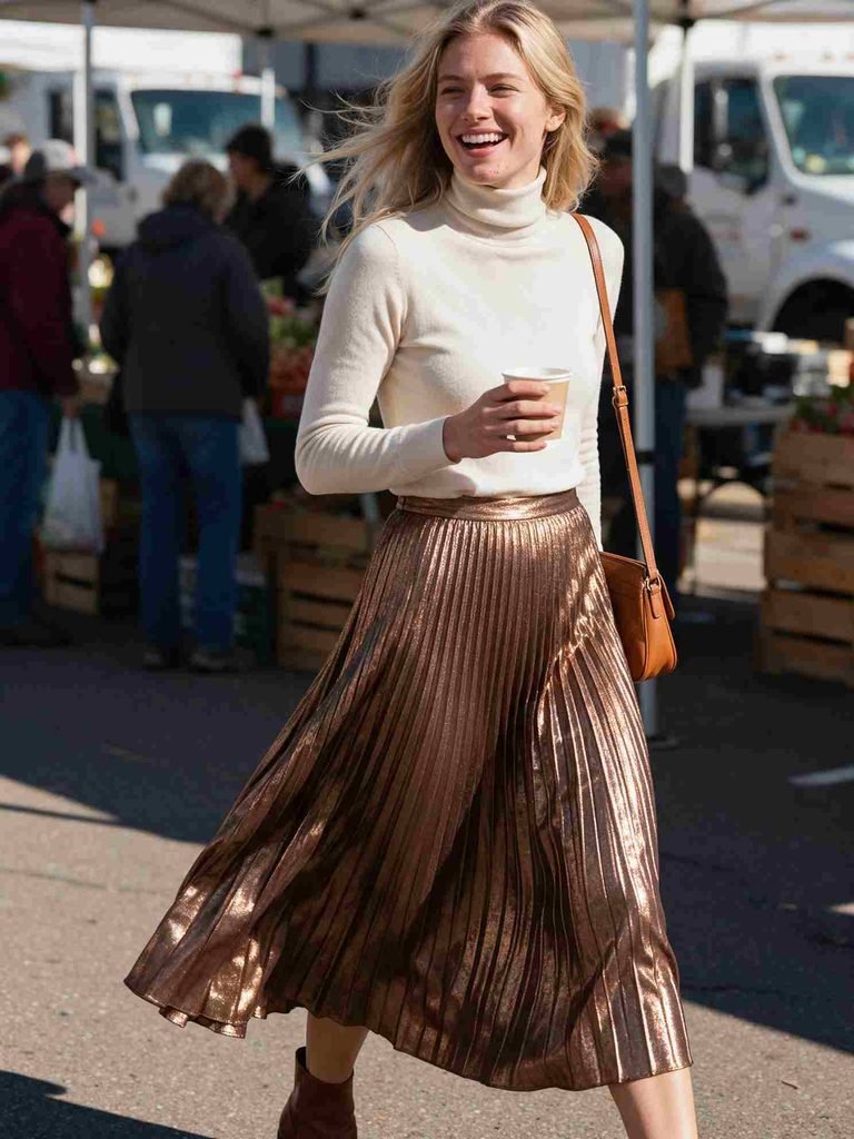 Metallic pleated midi skirt