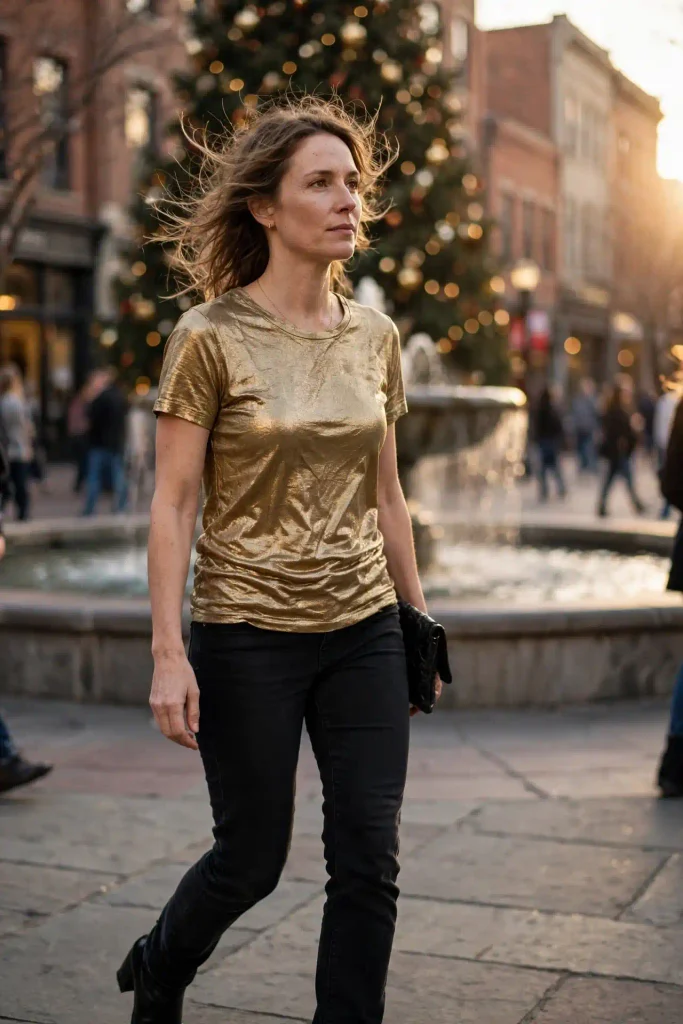 Metallic tee with black jeans and heels