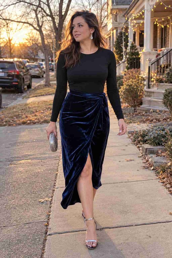 Midnight blue velvet wrap skirt 