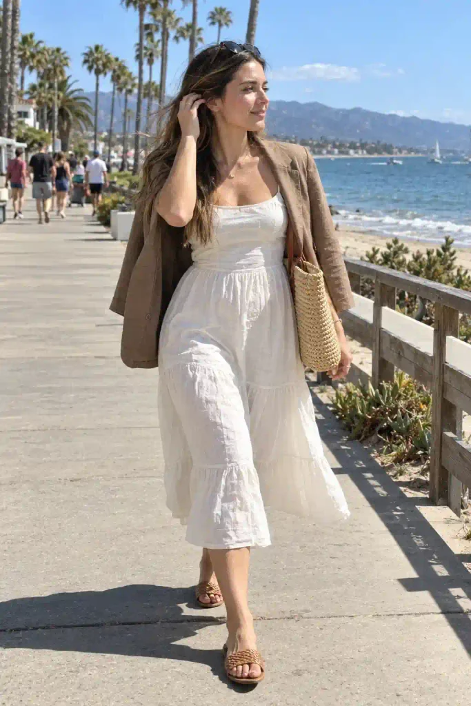 Mocha blazer over a white sundress