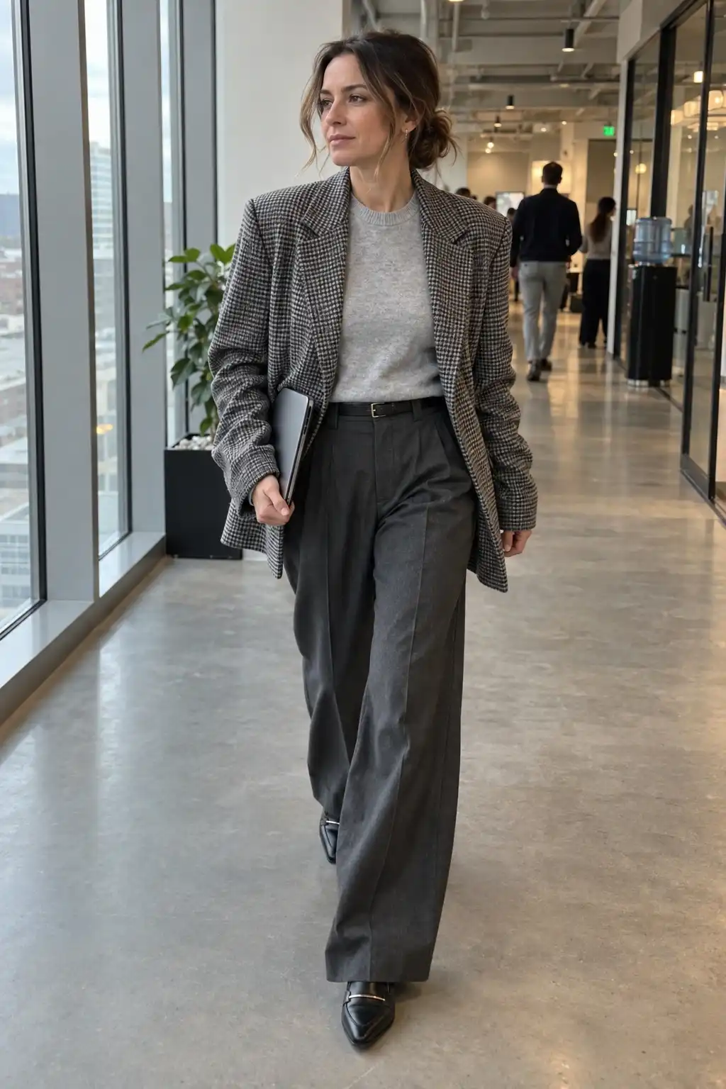 Grey plaid blazer styled with grey knit and charcoal trousers