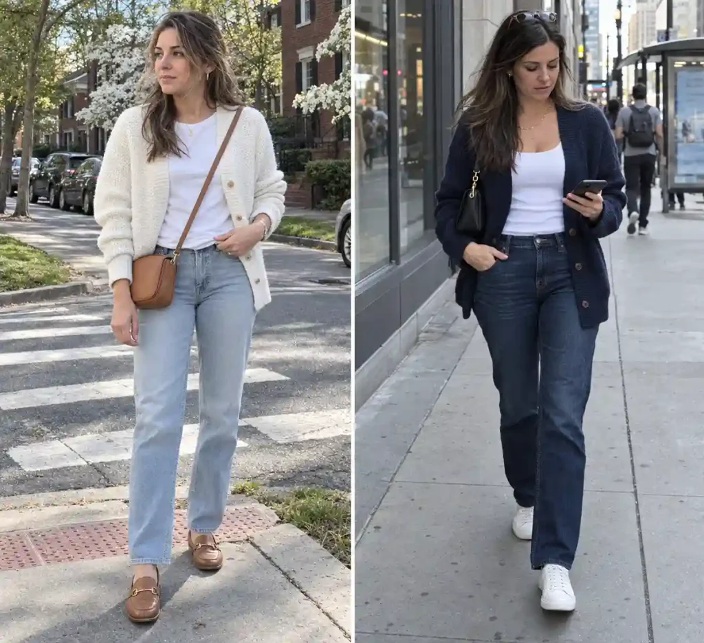 Navy cardigan with dark indigo jeans