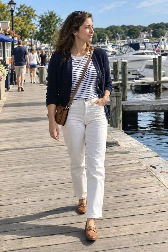 Navy cardigan with white jeans