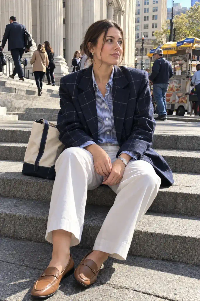 Navy check blazer with a striped shirt