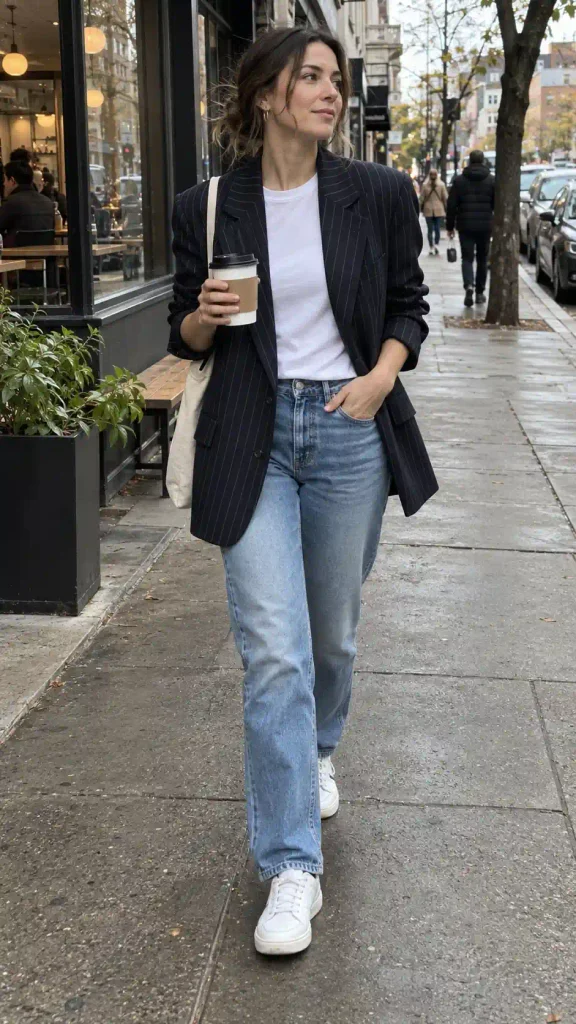 Navy pinstripe blazer with light blue straight jeans